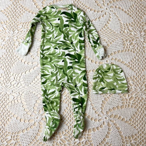 L'ovedBaby 0-3 Months Green Leaf Organic Cotton Zip Footie Hat Set - Picture 6 of 6